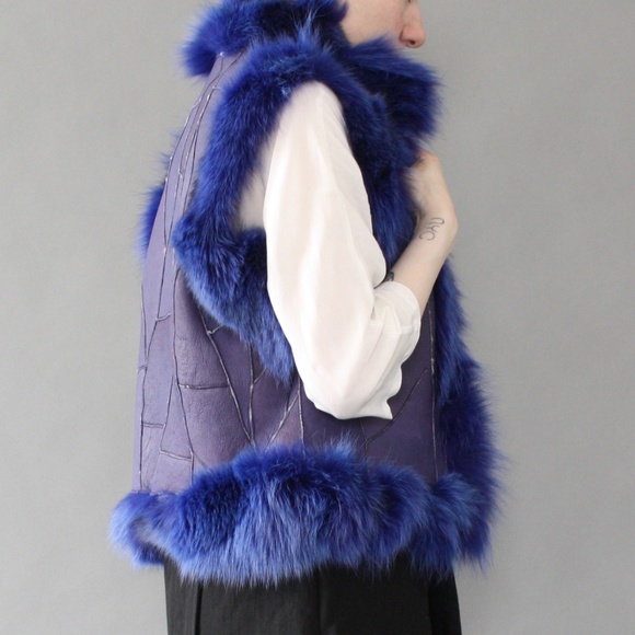 Vtg blue leather shearling patchwork fur vest - Picture 5 of 8